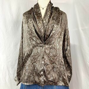 VTG 80s CASUAL CORNER Brown Pink‎ Satin Paisley Blouse Shawl Collar Womens 12